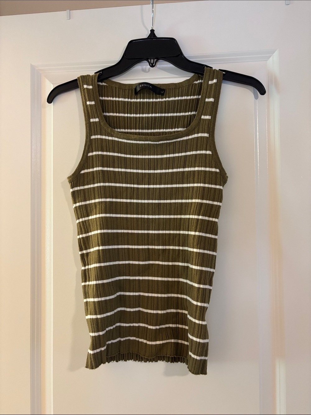 Sleeveless Olive Stripe Ribbed Tank Top - Zesica